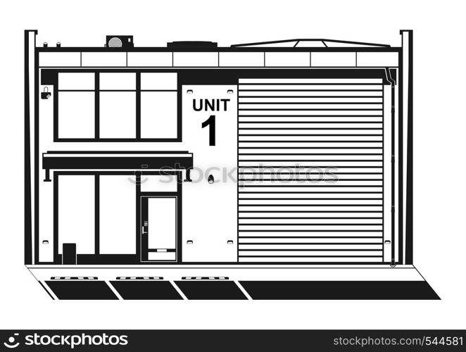 Industrial or business unit. Front view of a modern rental building. Flat vector.