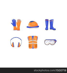 Industrial personal protective equipment flat color vector objects set. Work injury prevention. Body and head protection. Workwear 2D isolated cartoon illustrations on white background. Industrial personal protective equipment flat color vector objects set
