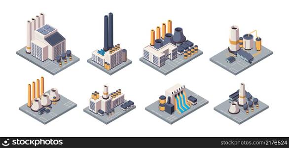 Industrial plants. Isometric factory buildings with tubes energy production business warehouses garish vector plants. Illustration factory industrial, building isometric, power plant. Industrial plants. Isometric factory buildings with tubes energy production business warehouses garish vector plants