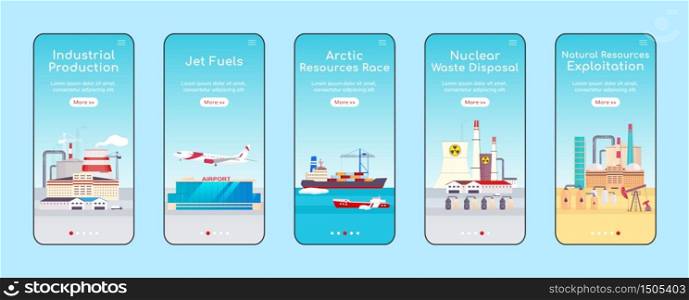 Industrial plants onboarding mobile app screen flat vector template. Natural resources exploitation walkthrough website steps with characters. UX, UI, GUI smartphone cartoon interface, case prints set