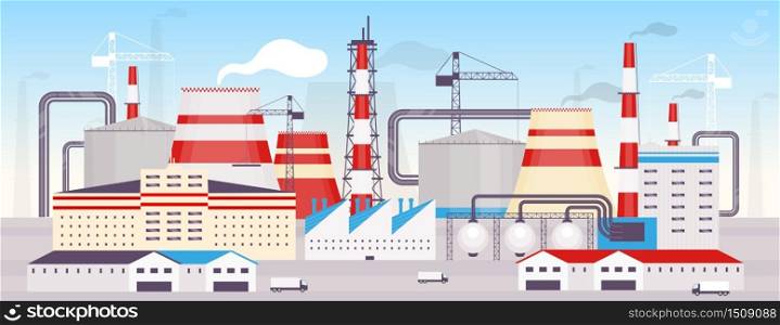 Industrial powerplant flat color vector illustration. Energy station 2D cartoon landscape with construction cranes and chimneys on background. Modern manufacturing facility, power generation factory
