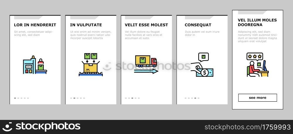 Industrial Process Onboarding Mobile App Page Screen Vector. Industrial Production And Manufacturing, Creative Command Department And Meeting, Conveyor And Delivery Illustrations. Industrial Process Onboarding Icons Set Vector