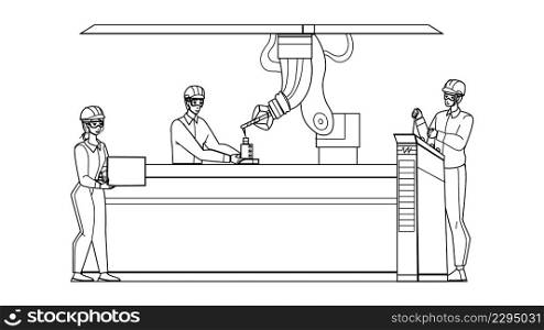 Industrial Production Controlling Workers Black Line Pencil Drawing Vector. Industrial Production Conveyor And Goods Quality Control Factory Employees. Characters Working In Workshop Illustration. Industrial Production Controlling Workers Vector