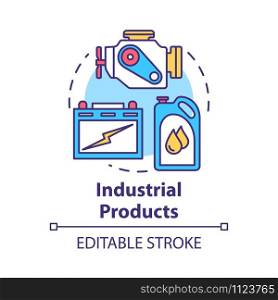 Industrial products concept icon. Production and maintenance of machinery. Maintenance workshop. Manufactured goods idea thin line illustration. Vector isolated outline drawing. Editable stroke