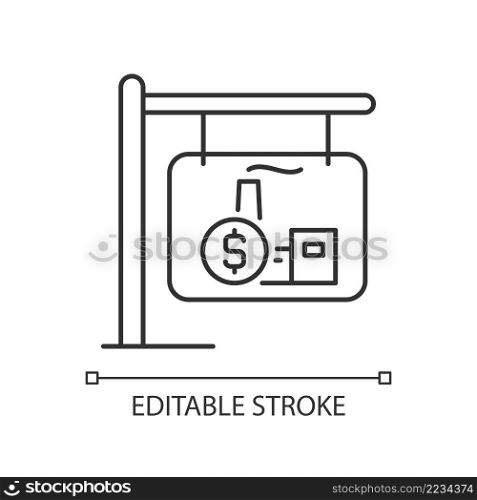 Industrial property selling linear icon. Factory and warehouse for sale. Commercial property. Thin line illustration. Contour symbol. Vector outline drawing. Editable stroke. Arial font used. Industrial property selling linear icon