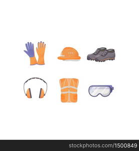 Industrial protective equipment flat color vector objects set. Factory accidents prevention. Body protection. Workwear, shoes and accessories 2D isolated cartoon illustrations on white background. Industrial protective equipment flat color vector objects set