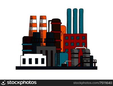 Industrial refinery factory building with set of buildings, tanks, pipe work and chimneys. Industrial refinery factory buildings set