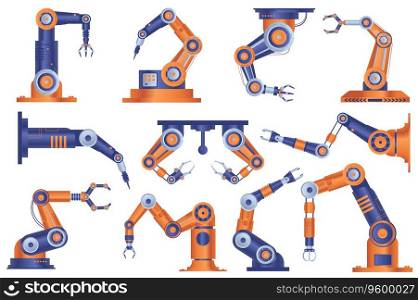 Industrial robot arms set graphic elements in flat design. Bundle of automatic robotic manipulators hands for working at conveyor line of assembly factory. Vector illustration isolated objects