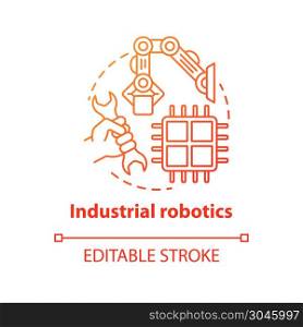Industrial robotics red concept icon. Building technology idea thin line illustration. Types of robots, classification. Computer machine constructing. Vector isolated outline drawing. Editable stroke