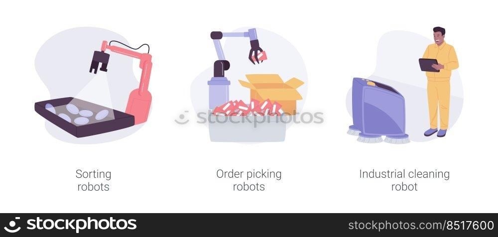 Industrial robots isolated cartoon vector illustrations set. Autonomous sorting machine, warehouse processes automation, robotic order picking, smart industrial cleaning vector cartoon.. Industrial robots isolated cartoon vector illustrations set.