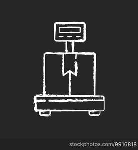 Industrial scales chalk white icon on black background. Measuring objects. Weighing solution. Shipping, loading dock, trucking. Pallets, containers, crates. Isolated vector chalkboard illustration. Industrial scales chalk white icon on black background