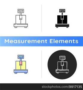 Industrial scales icon. Measuring objects. Weighing solution. Shipping, loading dock, trucking. Pallets, containers, crates. Linear black and RGB color styles. Isolated vector illustrations. Industrial scales icon