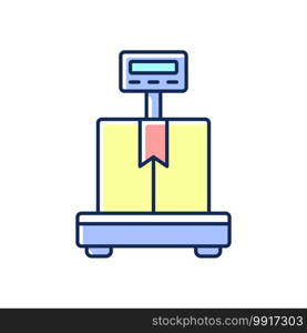 Industrial scales RGB color icon. Measuring objects. Weighing solution. Shipping, loading dock, trucking. Pallets, containers and crates. Rugged industrial environments. Isolated vector illustration. Industrial scales RGB color icon