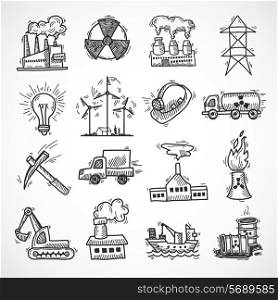 Industrial sketch icon set with oil fuel electricity and energy industry symbols isolated vector illustration