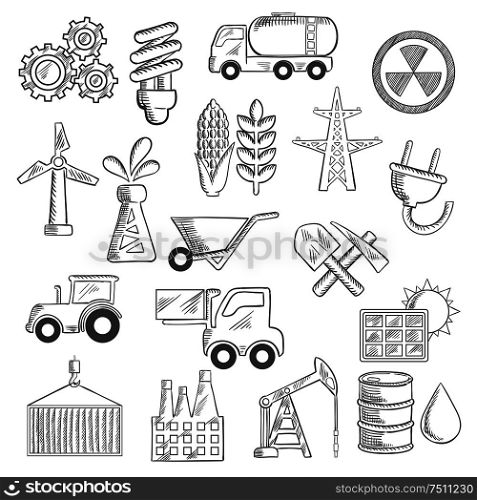 Industrial sketches of oil pump and barrel, refinery, tractor and corn cob, wheat, radiation, solar panel, gears, fuel and forklift trucks, lamp and shovel, wind turbine and electricity elements. Industry and ecology objects sketches