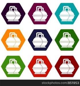 Industrial tanks for petrol and oil icon set many color hexahedron isolated on white vector illustration. Industrial tanks for petrol and oil icon set color hexahedron