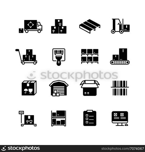 Industrial warehouse, logistics and distribution management vector icons. Illustration of delivery and storage service icons. Industrial warehouse, logistics and distribution management vector icons