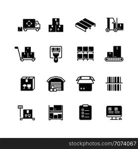 Industrial warehouse, logistics and distribution management vector icons. Illustration of delivery and storage service icons. Industrial warehouse, logistics and distribution management vector icons