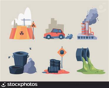 Industrial waste. Toxic urban liquid garbage and city pollution from cars garish vector concept pictures collection. Illustration of toxic waste and garbage sewer. Industrial waste. Toxic urban liquid garbage and city pollution from cars garish vector concept pictures collection