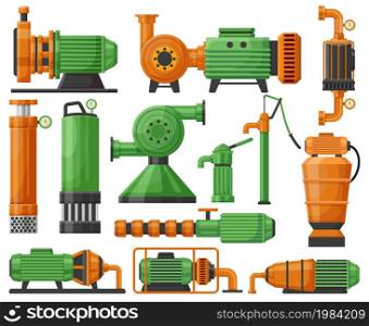 Industrial water pumps, pumping station appliance. Water pumping compressor, water pumping station equipment vector illustration set. Industrial water pumps. Water pipe system, pump industrial steel. Industrial water pumps, water pumping station appliance. Water pumping compressor, water pumping station equipment vector flat illustration set. Industrial water pumps