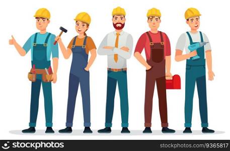 Industrial workers. Professional technician, mechanical engineer with helmet and professionals expert group cartoon vector illustration. People in uniform with equipment as hammer, tool box. Industrial workers. Professional technician, mechanical engineer with helmet and professionals expert group cartoon vector illustration
