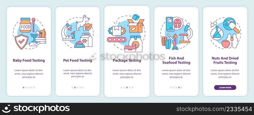Industries onboarding mobile app screen. Baby and pet food testing walkthrough 5 steps graphic instructions pages with linear concepts. UI, UX, GUI template. Myriad Pro-Bold, Regular fonts used. Industries onboarding mobile app screen