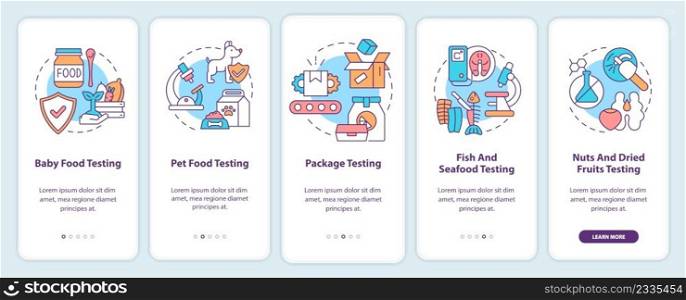 Industries onboarding mobile app screen. Baby and pet food testing walkthrough 5 steps graphic instructions pages with linear concepts. UI, UX, GUI template. Myriad Pro-Bold, Regular fonts used. Industries onboarding mobile app screen