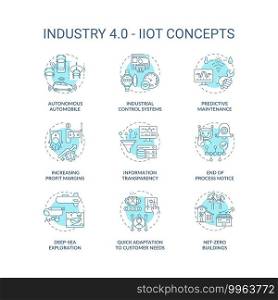 Industry 4.0 concept icons set. CPS usage idea thin line RGB color illustrations. IIoT. Increasing profit margins. Industrial control system. Vector isolated outline drawings. Editable stroke. Industry 4.0 concept icons set