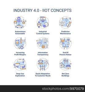 Industry 4.0 concept icons set. Cyber-physical systems idea thin line RGB color illustrations. IIoT. Predictive maintenance. Information transparency. Vector isolated outline drawings. Editable stroke. Industry 4.0 concept icons set