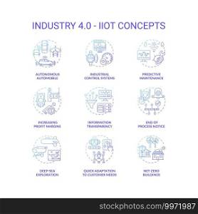 Industry 4.0 concept icons set. Cyber-physical systems idea thin line RGB color illustrations. Increasing profit. Autonomous automobile. Predictive maintenance. Vector isolated outline drawings. Industry 4.0 concept icons set