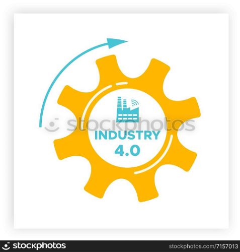 Industry 4.0 gear and factory icon vector illustration. Orange cogwheel and blue factory icon with sign INDUSTRY 4.0 inside manufacturing technology revolution with digital system and smart automation. Industry 4.0 revolution gear and factory icon