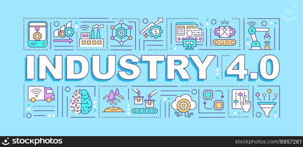 Industry 4.0 word concepts banner. Connection and addressing via IoT. Infographics with linear icons on blue background. Isolated typography. Four revolution. Vector outline RGB color illustration. Industry 4.0 word concepts banner