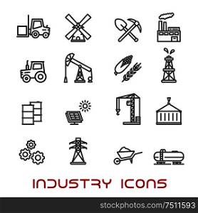 Industry and ecology thin line icons with oil pump and barrel, refinery, tractor, corn, wheat, radiation, solar panel, gears, fuel and forklift trucks, lamp and shovel, windmill and electricity. Industry and ecology thin line icons