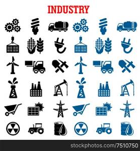 Industry and energy flat icons with oil pump and barrel, refinery factory and tractor, corn, wheat, radiation, solar panel and gears, fuel and forklift trucks, light bulb and shovel, wind turbine and mining, electricity. Industrial and energy flat icons set