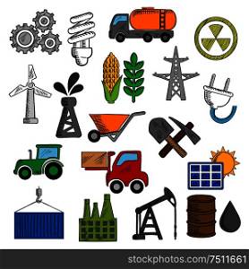 Industry and energy icons with oil pump and barrel, refinery factory and tractor, corn and wheat, radiation, solar panel, gears, fuel and light bulb, shovel and wind turbine, electricity plant. Industry and energy icons set