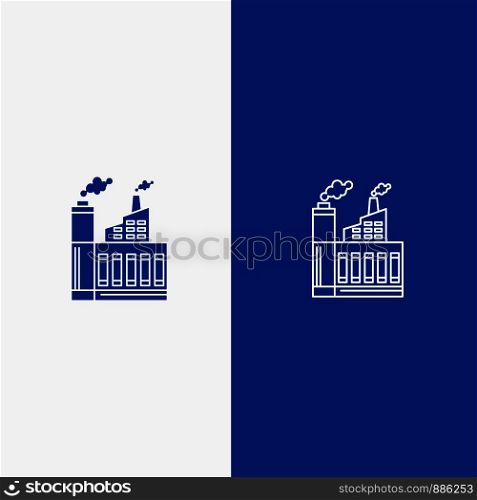 Industry, Building, Construction, Factory, Smoke Line and Glyph Solid icon Blue banner Line and Glyph Solid icon Blue banner