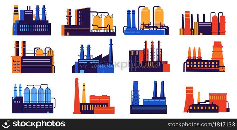 Industry building. Urban factory construction with silo and pipes. Nuclear energy power plant. Chemical and organic manufacturing. Industrial architecture. Vector city landscape element templates set. Industry building. Urban factory construction with silo and pipes. Nuclear power plant. Chemical and organic manufacturing. Industrial architecture. Vector city landscape elements set