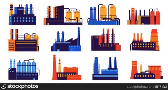 Industry building. Urban factory construction with silo and pipes. Nuclear energy power plant. Chemical and organic manufacturing. Industrial architecture. Vector city landscape element templates set. Industry building. Urban factory construction with silo and pipes. Nuclear power plant. Chemical and organic manufacturing. Industrial architecture. Vector city landscape elements set
