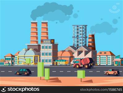 Industry city. Factory buildings in urban landscape flat vector facade of houses. Illustration of factory building, cityscape industrial production. Industry city. Factory buildings in urban landscape flat vector facade of houses