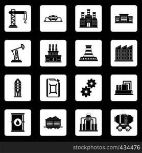 Industry icons set in white squares on black background simple style vector illustration. Industry icons set squares vector