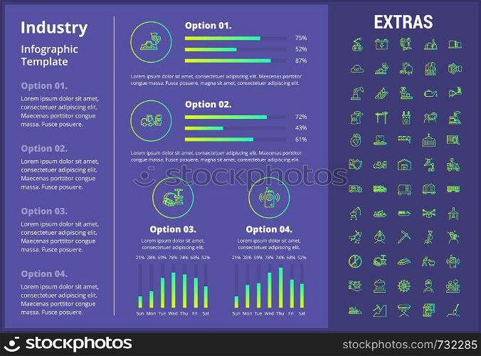 Industry infographic template, elements and icons. Infograph includes customizable graphs, four options, line icon set with mining equipment, fossil fuels, conveyor belt, nuclear power plant etc.. Industry infographic template, elements and icons.