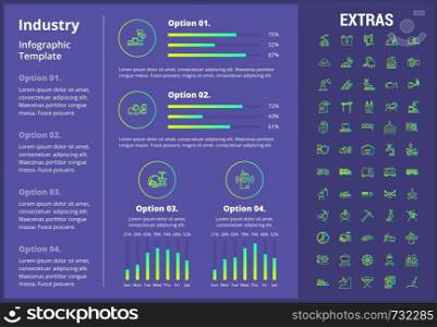 Industry infographic template, elements and icons. Infograph includes customizable graphs, four options, line icon set with mining equipment, fossil fuels, conveyor belt, nuclear power plant etc.. Industry infographic template, elements and icons.