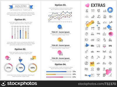 Industry infographic template, elements and icons. Infograph includes customizable graphs, four options, line icon set with mining equipment, fossil fuels, conveyor belt, nuclear power plant etc.. Industry infographic template, elements and icons.