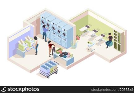 Industry laundry room. Isometric interior of cleaning service laundry house dry tools garish vector collection. Laundromat and laundry inside, clothing drying and folding illustration. Industry laundry room. Isometric interior of cleaning service laundry house dry tools garish vector collection