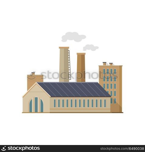 Industry Manufactory Building Isolated on White. Industry manufactory building icon. Factory producing oil and gas, metals and rubber, energy and power. Nuclear manufacturing station making smoke and air pollution. Destroying nature. Vector