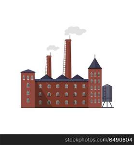 Industry Manufactory Building Isolated on White.. Industry manufactory building icon. Factory producing oil and gas, metals and rubber, energy and power. Nuclear manufacturing station making smoke and air pollution. Destroying nature. Vector