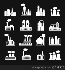 Industry manufactory buildings factory and plant silhouettes vector icons. Industry manufactory buildings factory and plant silhouettes vector icons. Industry manufacturing and power factory illustration