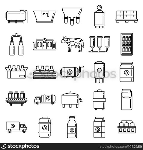 Industry milk factory icons set. Outline set of industry milk factory vector icons for web design isolated on white background. Industry milk factory icons set, outline style