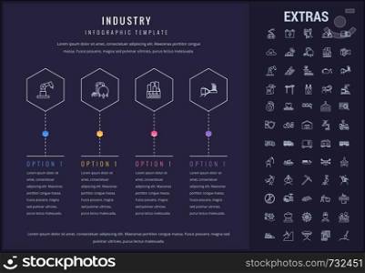 Industry options infographic template, elements and icons. Infograph includes options, line icon set with mining equipment, fossil fuels, conveyor belt, nuclear power plant, manufacturing industry etc. Industry infographic template, elements and icons.