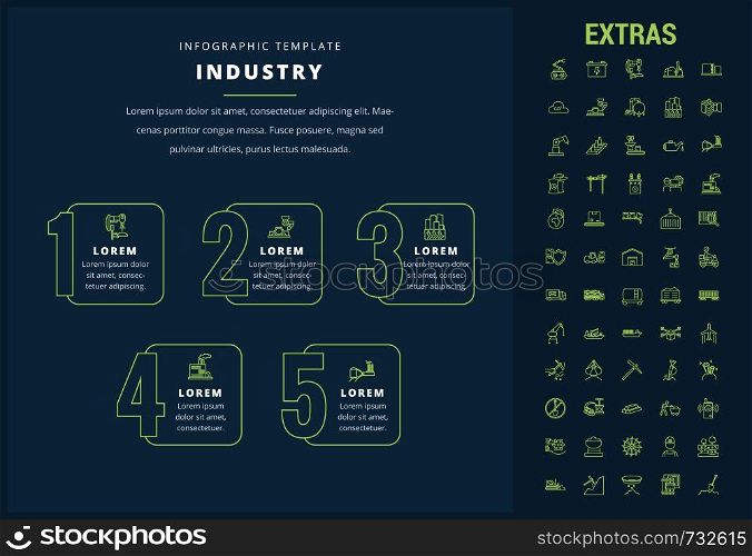 Industry options infographic template, elements and icons. Infograph includes options, line icon set with mining equipment, fossil fuels, conveyor belt, nuclear power plant, manufacturing industry etc. Industry infographic template, elements and icons.